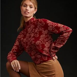 Anthropologie Red Ruched Crop Blouse with Mandarin Collar